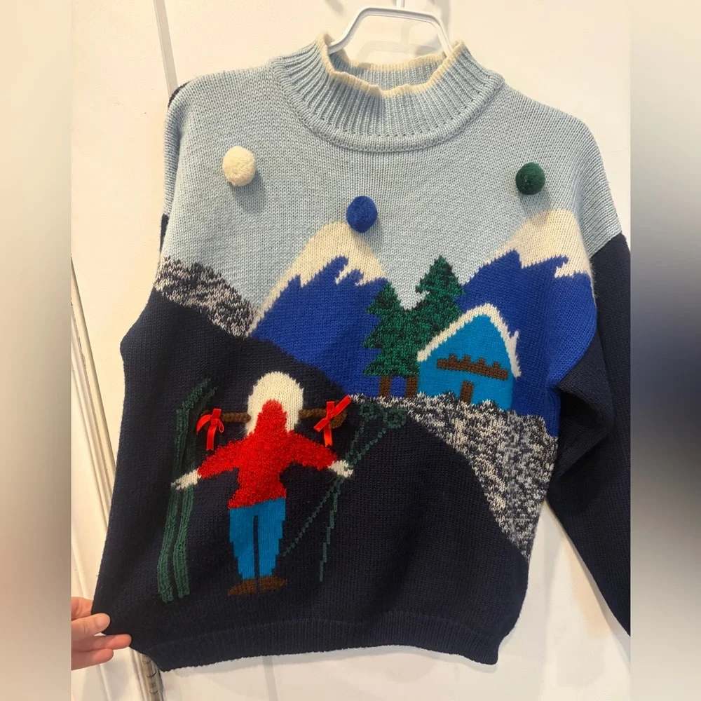 Vintage Ski Cabin Knit Sweater in Navy, Light Blue & Red - Picture 7 of 15